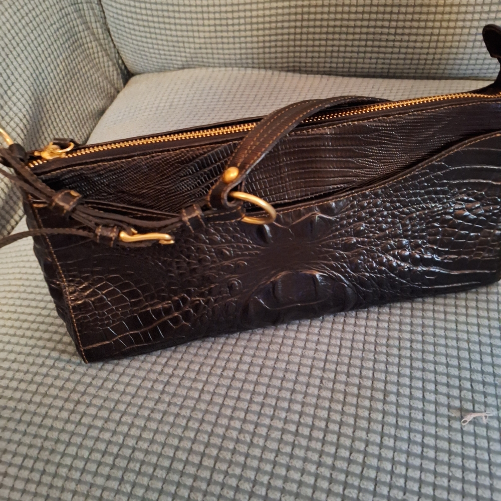 Brahmin Black Croc-Embossed Shoulder Bag with Gold Hardware